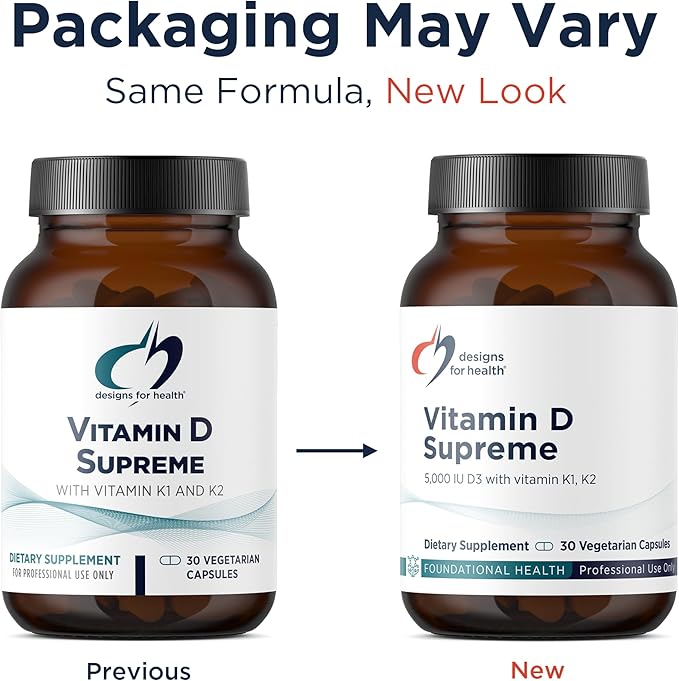 Designs for Health Vitamin D Supreme - Vitamin D 5000 IU with 2000mcg Vitamin K as MK4 for Bone Health, Heart Health & Immune Support - Vitamin D3 Enhanced with GG Supplement (30 Capsules)