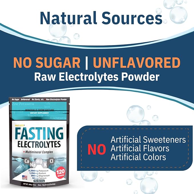 Fasting Electrolyte Supplement Powder | No Sugar Unflavored Raw Electrolytes | 100% RDA Magnesium and Potassium with Trace Minerals | Carnivore & Keto Friendly | Sugar Free Fasting Salts