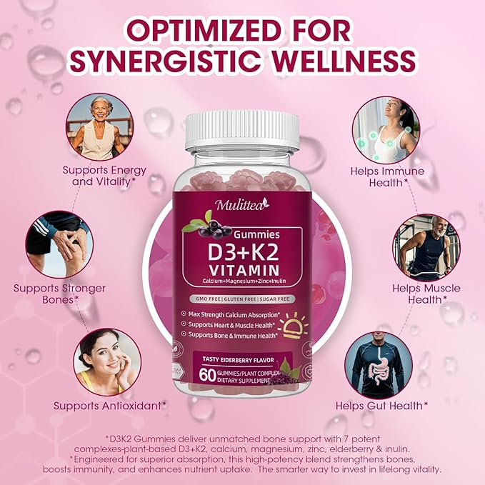 Vitamin D3 10000 IU + K2 (MK-7) 200mcg w/Calcium Magnesium Zinc Elderberry & Inulin-Highly Bioavailable-Enhanced Absorption for Immune & Bone Support- K2 D3 Vitamin Supplement-Vegan Gummies