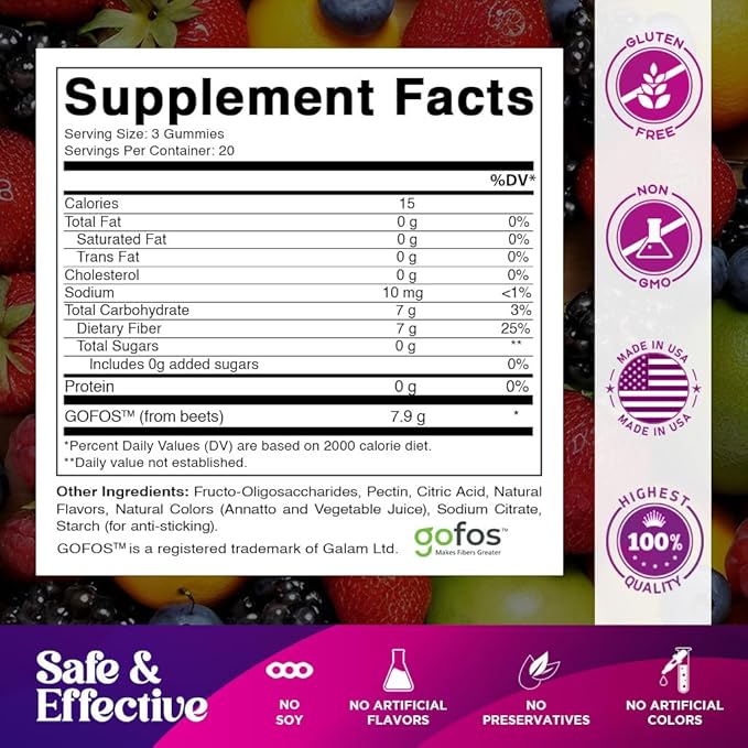 Vitamatic Prebiotic Fiber Gummies for Adults – 7g Fiber per Serving – 60 Pectin-Based Gummies Extra Strength, Zero Sugar Added – Supports Digestive Health & Regularity – Non-GMO, Vegan, Gluten-Free