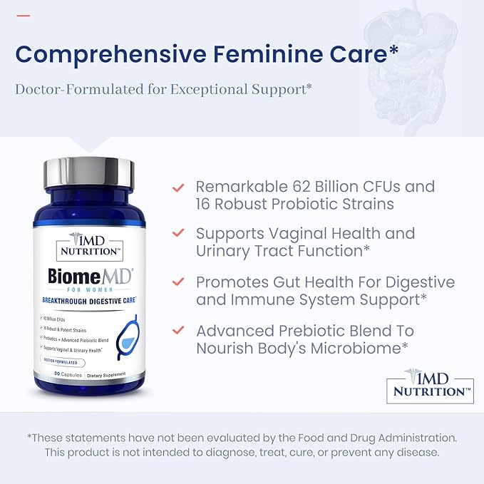 1MD Nutrition BiomeMD Probiotics for Women - 62 Billion CFUs, 16 Strains with Prebiotics | Supports Vaginal & Urinary Health - Doctor-Formulated | 30 Capsules (2-Pack)