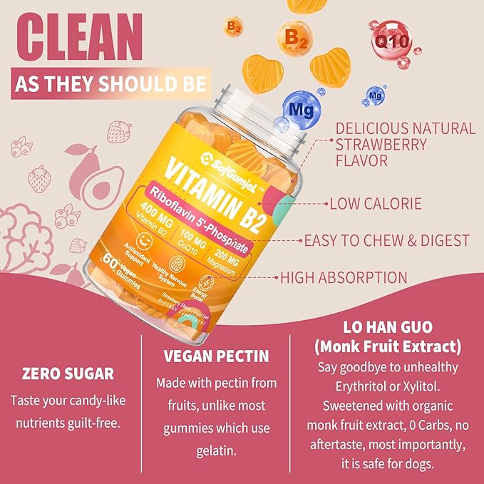 Vitamin B2 Gummies, Riboflavin 400mg for Adults & Kids, w/Magnesium & CoQ10 for Energy & Nervous System Support, Sugar Free B2 Vitamin VIT B, Non GMO, Vegan, 120 Counts