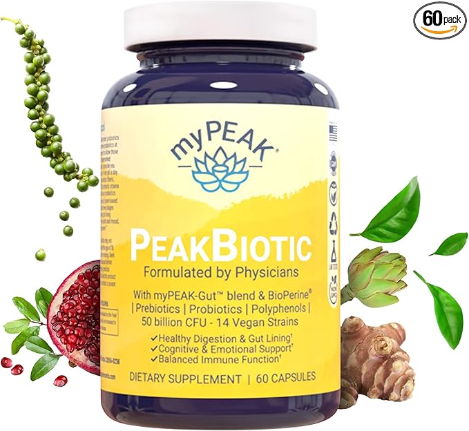 PeakBiotic: The Ultimate Vegan Synbiotic with 50 Billion CFU Probiotics Prebiotics Postbiotics Modbiotics and Gut Lining to Enhance Digestion, Skin, and Mood with 2-Month Supply, 60 Capsules