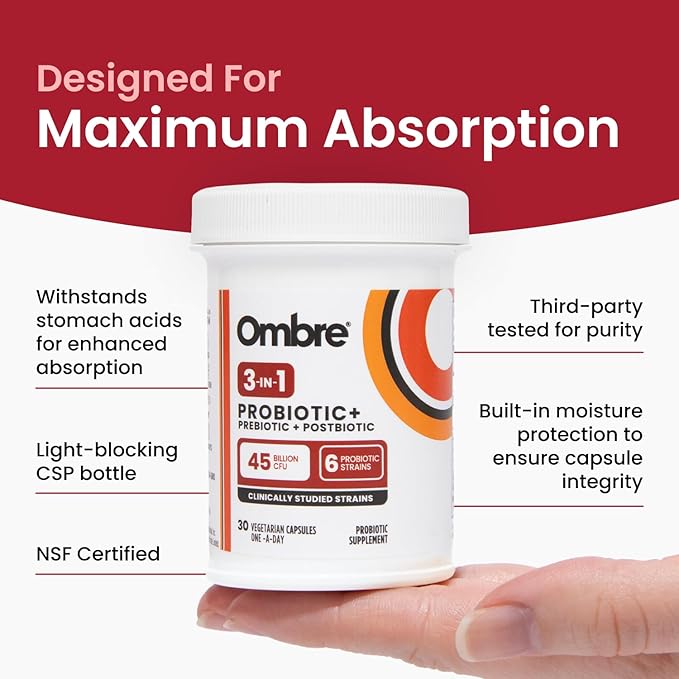 Ombre 3-in-1 Probiotic, Prebiotic and Postbiotic for Digestive Health & Gut Health - 45 Billion CFU - Bloating, Constipation & Gas Relief - Metabolic & Immune Support for Women & Men, 30 Day Supply