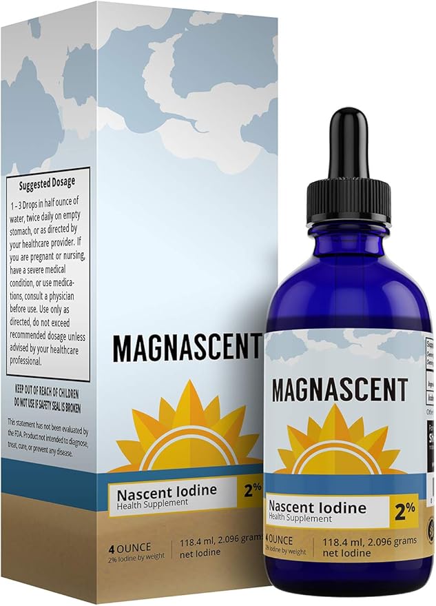 Nascent Iodine Organic Daily Health Supplement High Potency 2% Concentrated Liquid Iodine Drops Supports Energy & Metabolism (4oz/118.4ml)