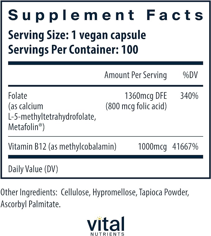 Vital Nutrients Vitamin B12 & Methyl Folate | Vegan Methylated Folate & B12 Supplement | 5-MTHF Plus B12 Supports Nervous System & Metabolism* | Gluten, Dairy, Soy Free | 100 Capsules