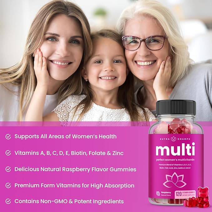 NutraChamps Multivitamin for Women, 240 Count, Vitamins A, B, C, D, E, Biotin, Folic Acid, Womens Gummy Multivitamins, Chewable Daily (Pack of 2)
