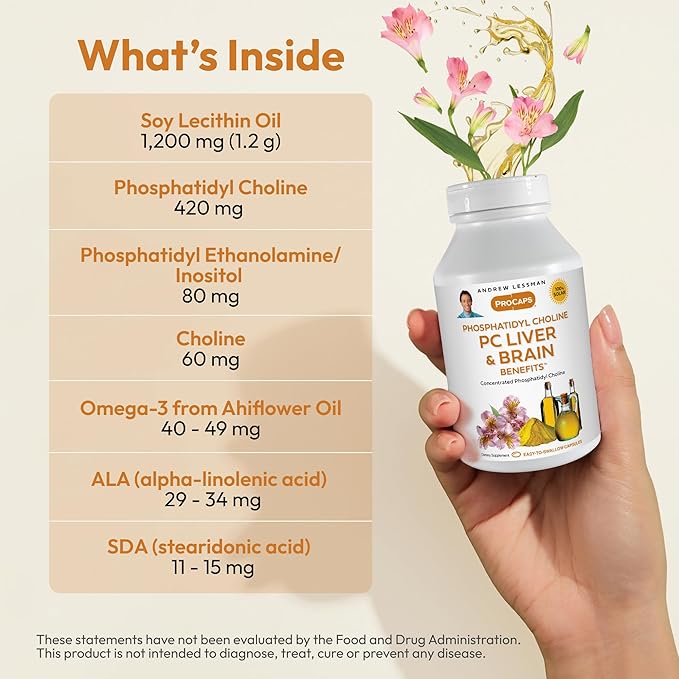 ANDREW LESSMAN PC Liver and Brain Benefits 180 Softgels - Phosphatidyl Choline, Most Important Building Block for Healthy Liver and Brain Structure, Function. No Additives. Easy to Swallow Softgels