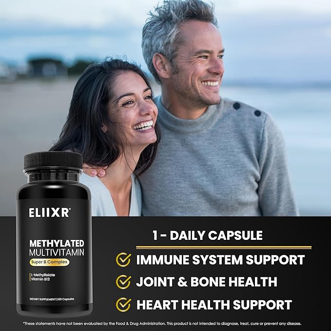 Eliixr Methylated Multivitamin Supplement for Men and Women with Active Methyl B12 and 5-MTHF Methylfolate 60 Vegetable Capsules Iron Free Made in The USA