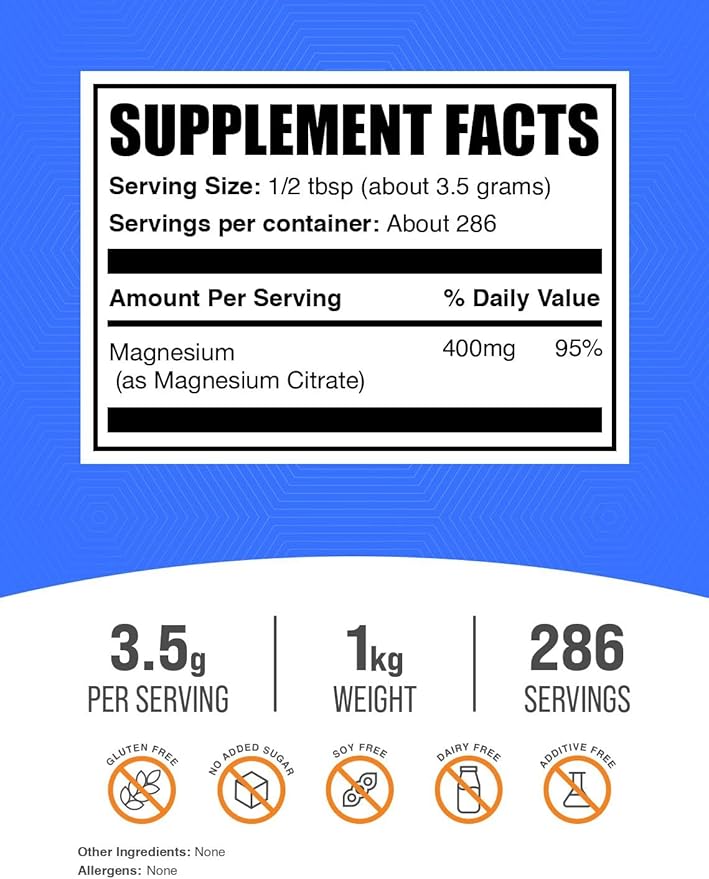 BulkSupplements.com Magnesium Citrate Powder - Magnesium 400mg Supplement, Easily Absorbable - Pure & Gluten Free, 3.5g per Serving, 1kg (2.2 lbs) (Pack of 1)