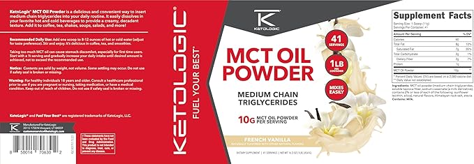 Ketologic MCT Oil Powder French Vanilla (1 LB) – Keto Coffee Creamer & Energy Support – 41 Servings of Medium Chain Triglycerides for Focus & Fuel