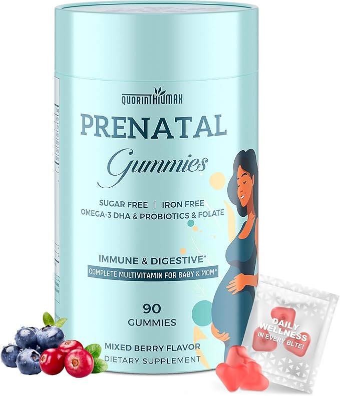 Prenatal Gummies Sugar Free 90 Count - Organics Prenatal Vitamins for Women with Folate, DHA & Probiotics - Iron Free Prenatal Vitamin Gummies for Immune & Digestive - 1 Bottle