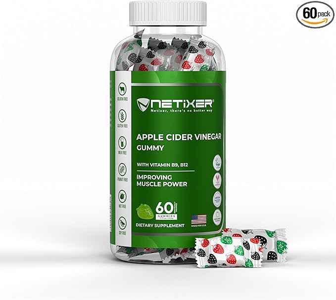 Apple Cider Vinegar Gummies with Vitamin B9 & B12 β 60 Vegan Gummies β Muscle Power Support, Digestive Health, Immunity Boost β Gelatin-Free, Gluten-Free, Soy-Free β Green Apple Flavor