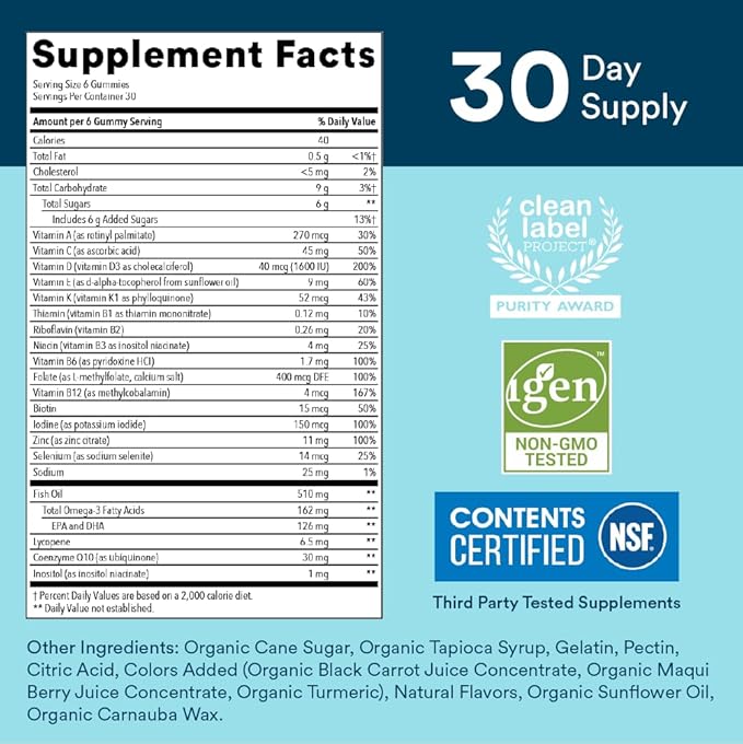 SmartyPants Multivitamin for Men, Gummies: Omega 3 Fish Oil (EPA/DHA), Methylfolate, CoQ10, Vitamin D3, C, Vitamin B12, B6, A, K & Zinc for Immune Support, Biotin, 180 Gummies (30 Day Supply)