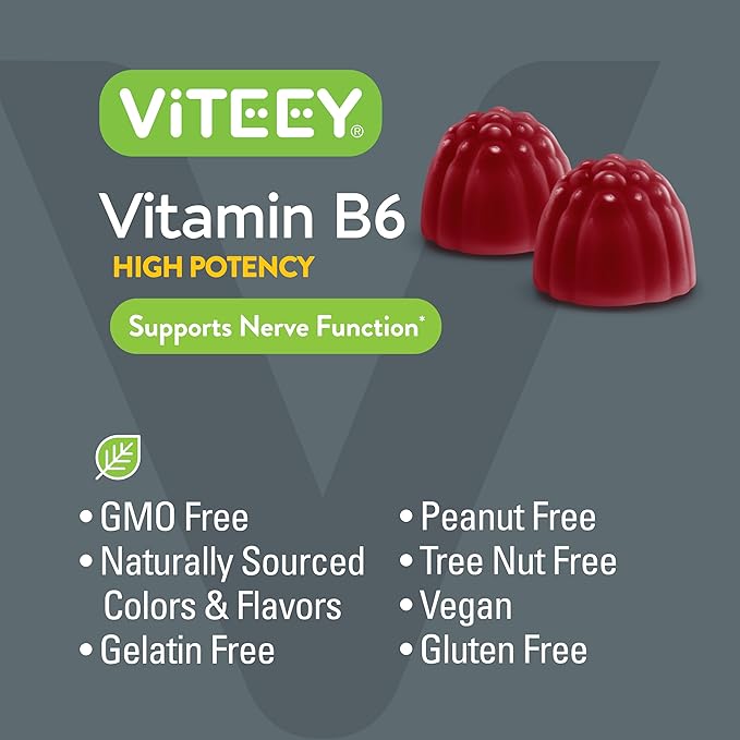 Viteey Vitamin B6 Gummies - Energy, Nerve & Mood Support - B6 Vitamins 100mg - Vegan, Gluten Free, GMO Free - 120 Count