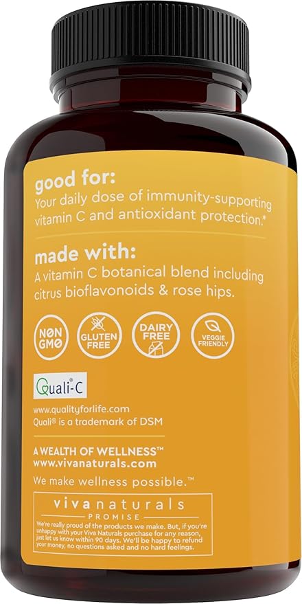 Viva Naturals Vitamin C 1000mg - Non-GMO Vitamin C Supplements with Citrus Bioflavonoids & Rose HIPS for Immune Support & Antioxidant Protection, 250 Vegetarian Capsules