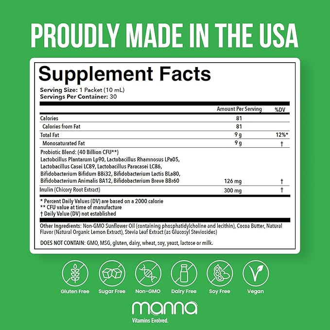 Manna Vitamins Evolved Liposomal Prebiotic + Probiotic Packets – 40 Billion CFU, 8 Strains – Gut, Digestive, Immune Support – High Absorption, Shelf-Stable, Daily Supplement, 30 Single Serves
