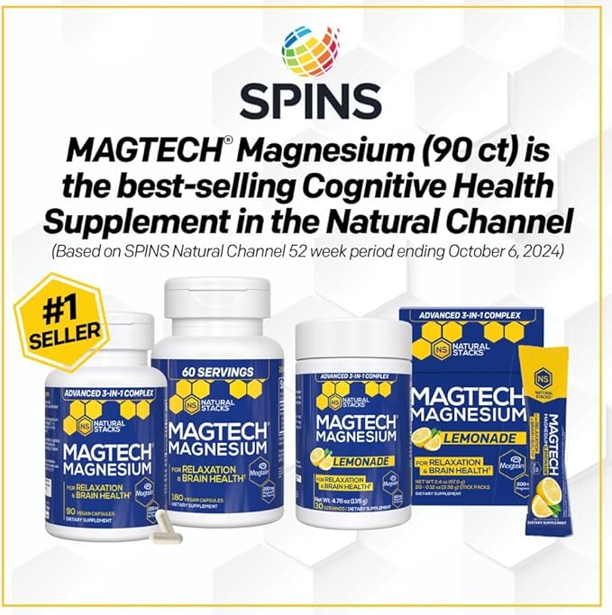 MagTech Magnesium Complex - 3 Forms of Magnesium: Magtein L-Threonate, Glycinate & Taurate - 200mg Chelated Magnesium Supplement - Supports Relaxation & Brain Health - 90 Capsules
