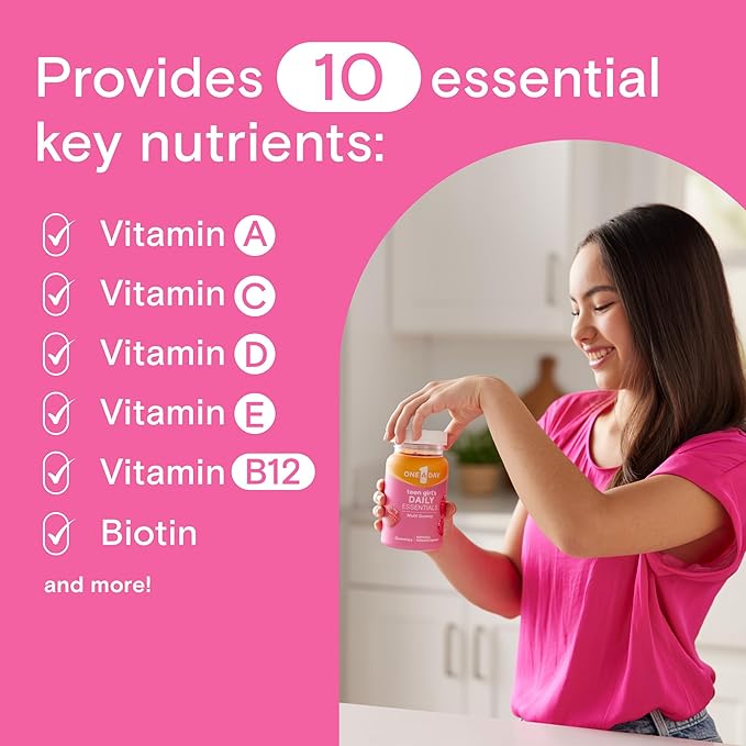 One A Day Teen Girl’s Daily Essentials Multivitamin Gummies, Teen Girl Multivitamins with Biotin, Vitamin B12 and B6, Vitamin C, Raspberry Natural Flavor, 120 Gummies