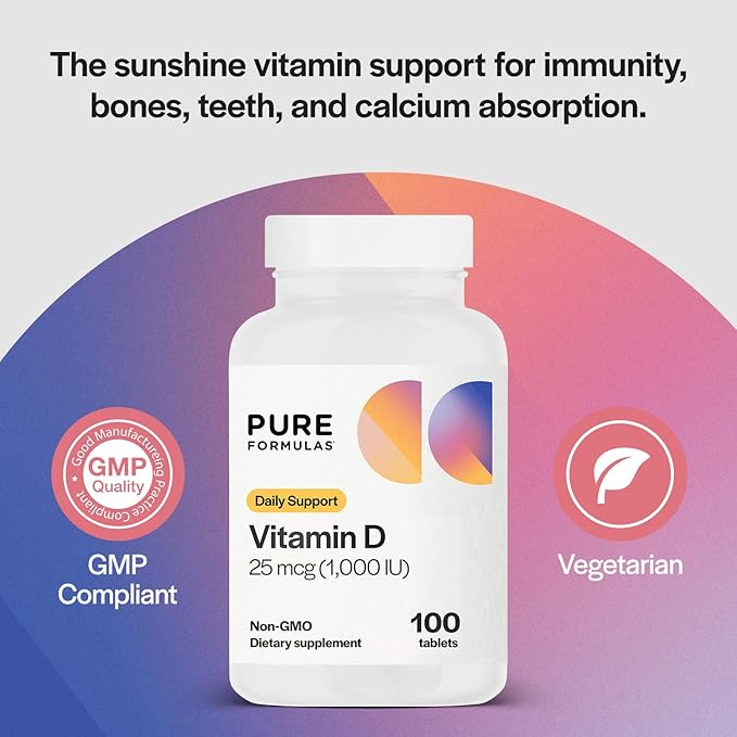 PureFormulas Vitamin D3 1,000 IU 25 mcg - Premium Vitamin D Supplement for Healthy Bone Formation, Teeth, Cardiovascular Health, and Immune Support Non-GMO - 100 Count Tablets