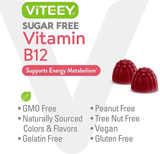 Viteey Vitamin B12 Gummies for Adults & Teens 1000mcg, Sugar Free - Good for Energy, Metabolism, Natural Energy Support - Vegan, Gelatin Free, Gluten Free, GMO Free - Chewable Strawberry Flavored
