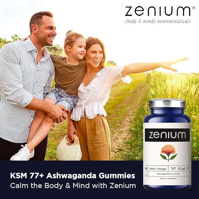 Zenium - Relieve Stress, Tension, Worry, Nervousness, & Irritability | Calm The Mind & Body | Ayurvedic | Natural Relief Supplement | Boosts Mood | Ashwagandha Gummies (Mango) | 60 Count