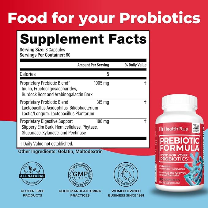 Health Plus Prebiotic Formula - Probiotics + Prebiotics + Digestive Enzymes - Gluten Free, Dairy Free, Natural Herbal Ingredients (180 Capsules, 60 Servings)