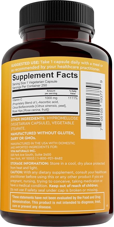 Viva Naturals Vitamin C 1000mg - Non-GMO Vitamin C Supplements with Citrus Bioflavonoids & Rose HIPS for Immune Support & Antioxidant Protection, 250 Vegetarian Capsules