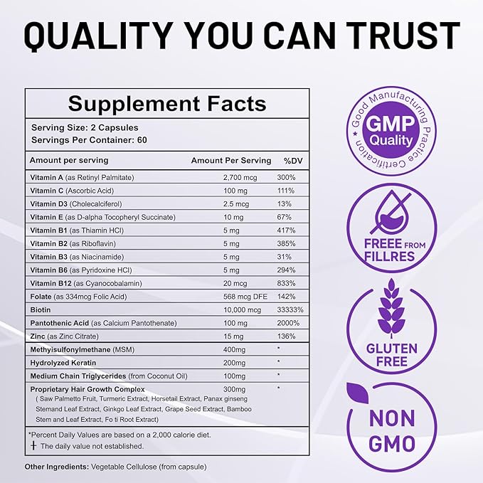 Biotin, Collagen, Hyaluronic Acid and Keratin Complex OnHeal Hair Regrowth Vitamin 30020mg - 120 Capsules for Thick Hair, Moisturized Skin, Strong Nails