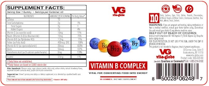 B Complex Gummy Vitamins - Strawberry Flavor with Vitamin C, Niacin, B6, B12 & Biotin for Energy, Heart Health and Brain Support, 60 Count (Pack of 1)