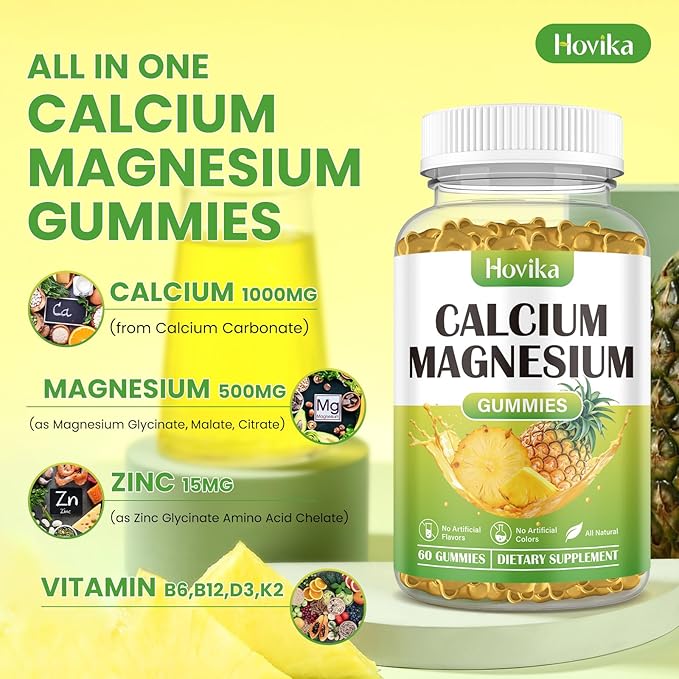 Calcium Magnesium Zinc Gummies, Calcium Magnesium 2:1 Ratio with Vitamin D3, K2, B6, B12 for Bone Strength, Muscle Function & Nerve Health, Extra Absorption Formula, Vegan, Pineapple Flavor 60 Gummies
