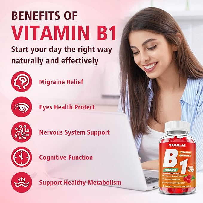 Vitamin B1 Gummies 500mg for Adults & Kids, Thiamine B1 Supplement with Magnesium, Vitamin B1 Supplement for Nervous System Supports & Boost Energy, Raspberry Flavor, 60 Count