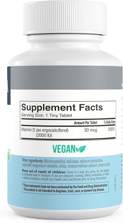 FREEDA Vitamin D2 2000 IU – Vegan Vitamin D for Bone Strength & Immune Support – Vegan Ergocalciferol D2 Supplement – 100 Tiny Tablets