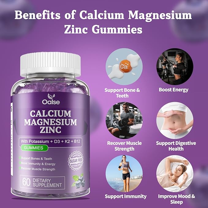 (2 Pack) OALSE Calcium Magnesium Zinc Gummies with Vitamin D3 & K2-High Absorption Magnesium Glycinate-Muscles, Immune & Sleep Support-Sugar Free- Blueberry Flavored-120 Counts