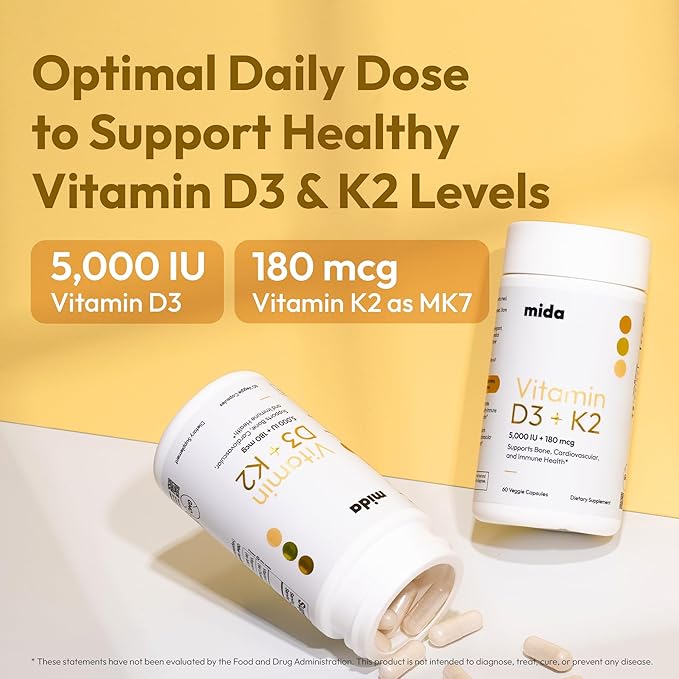 Mida Health® D3 K2 Vitamin 5000 IU with MK-7 | Natural Supplement for Bone, Heart, and Immune Support | Adult Vegan Capsules | 60 Servings