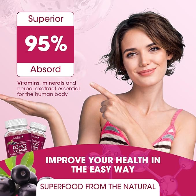 Vitamin D3 10000 IU + K2 (MK-7) 200mcg w/Calcium Magnesium Zinc Elderberry & Inulin-Highly Bioavailable-Enhanced Absorption for Immune & Bone Support- K2 D3 Vitamin Supplement-Vegan Gummies
