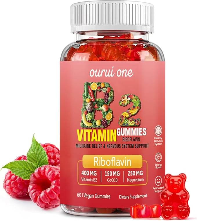 Vitamin B2 Gummies 400mg | Riboflavin 400mg with CoQ10 150mg, Magnesium 200mg, Zinc 10mg | B2 Vitamin 400mg for Kids & Adults, Nervous System & Skin Health | 60 Vegan Chewables