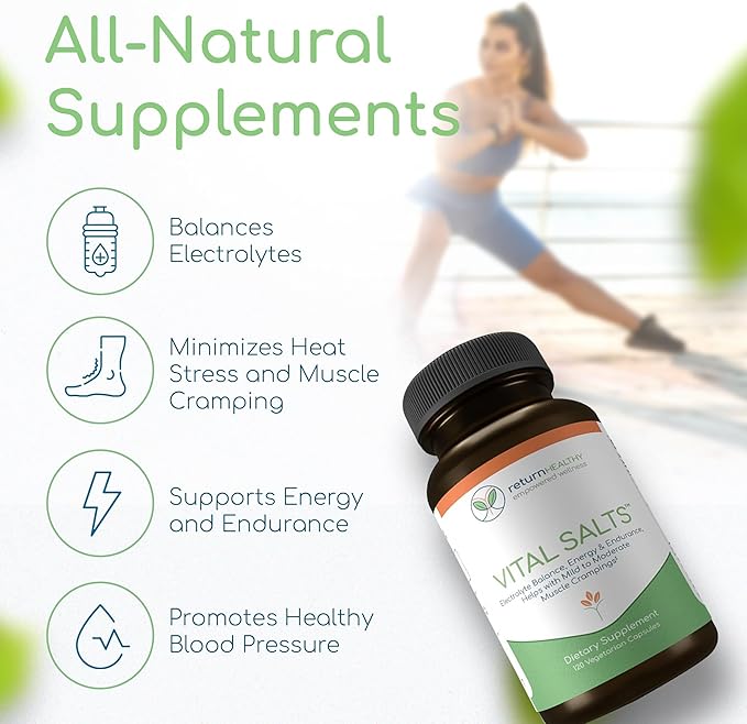 Vital Salts, Electrolyte Salts for Energy and Endurance, Sodium Chloride, Electrolyte Supplements, Blood Pressure Support Supplement, Muscle Cramps Relief, 120 Salt Capsules - Return Healthy
