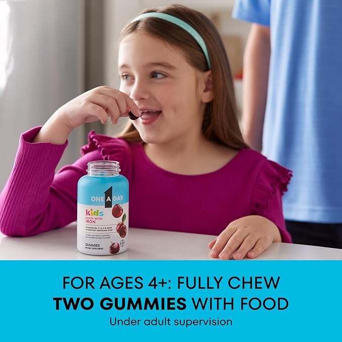 One A Day Kids Multivitamin with Iron Gummy, Vitamin D, Vitamin C, E, Zinc for Immune Support, Gummy Vitamins, Kids Multivitamin Gummies with Iron, Cherry Flavor, 60 Count (Packaging May Vary)
