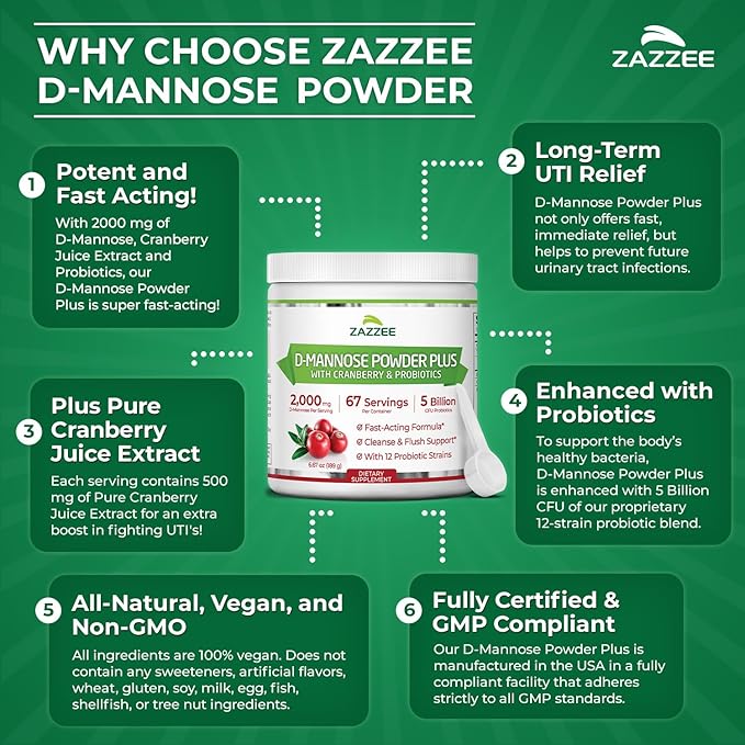 Zazzee D-Mannose Powder Plus, 2000 mg, 67 Servings, Potent & Fast-Acting, Plus 5 Billion CFU Probiotics and Pure Cranberry Juice Extract, Free Scoop, 6.5 Oz, Vegan, Gluten-Free, Non-GMO, All-Natural