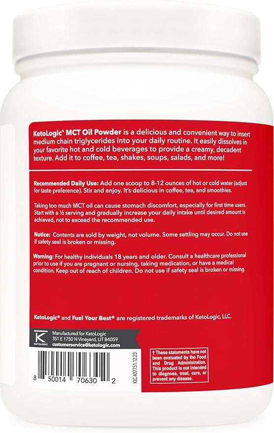 Ketologic MCT Oil Powder French Vanilla (1 LB) – Keto Coffee Creamer & Energy Support – 41 Servings of Medium Chain Triglycerides for Focus & Fuel