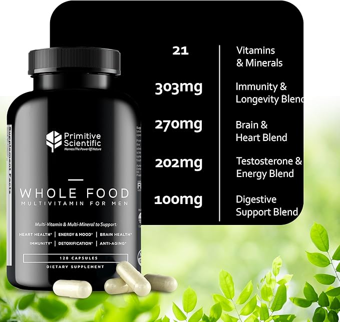 Whole Food Natural Multivitamin and Mineral Capsules for Men - All-Day Energy, Inner Zen, and Stronger You (120 Capsules)