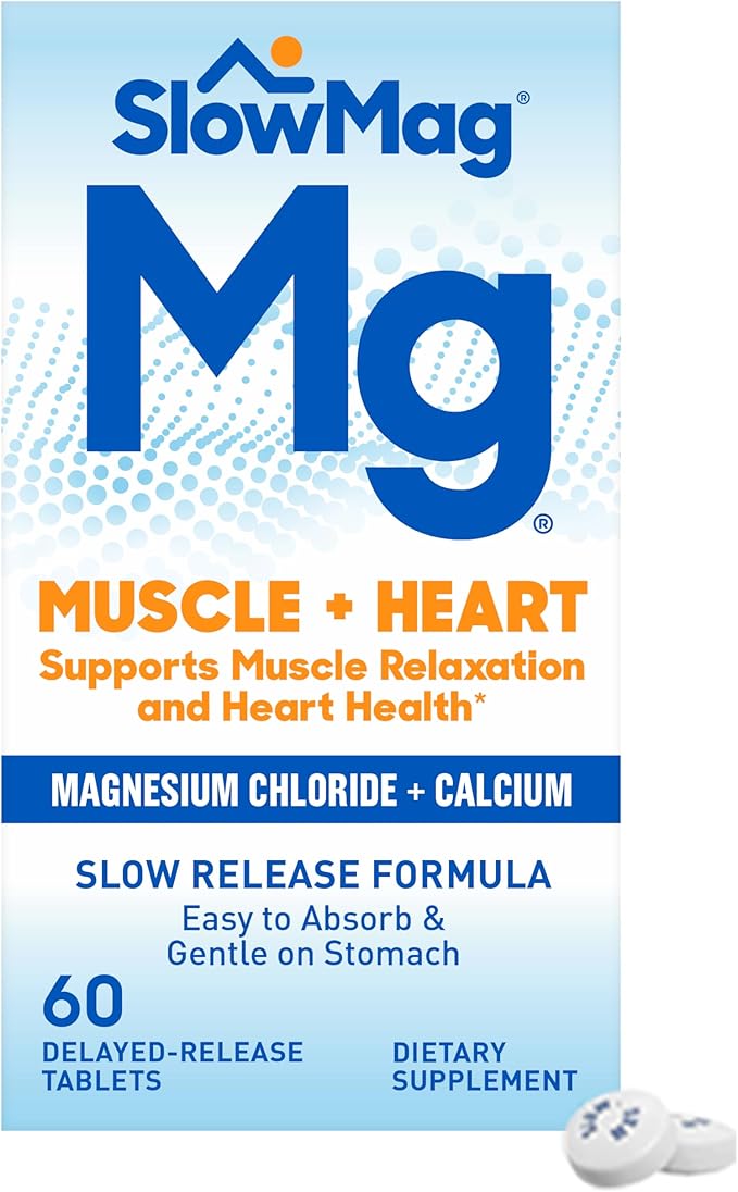 SlowMag Mg Muscle + Heart Magnesium Chloride with Calcium Supplement, 60 Count