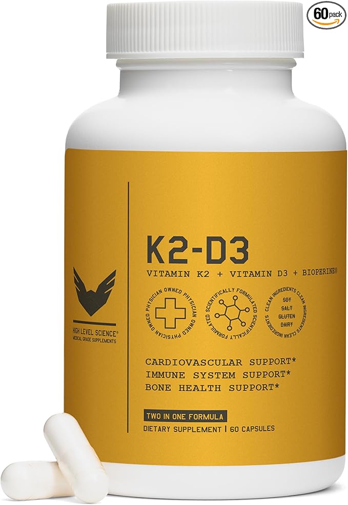High Level K2D3, Vitamin K2 & D3 Supplement with BioPerine Black Pepper, Dual Action Complex for Heart, Bone, Immune Support, 5000 IU D3, 100 mcg K2, Vegetarian, 60 Veggie Capsules