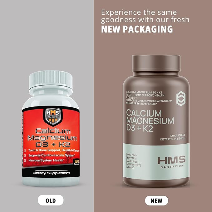 Calcium, Magnesium, Vitamins D3 + K2 for Bone Health, Immune Support, Bones & Teeth Calcium Supplement for Women & Men, Non-GMO, Gluten-Free, 120 Capsules