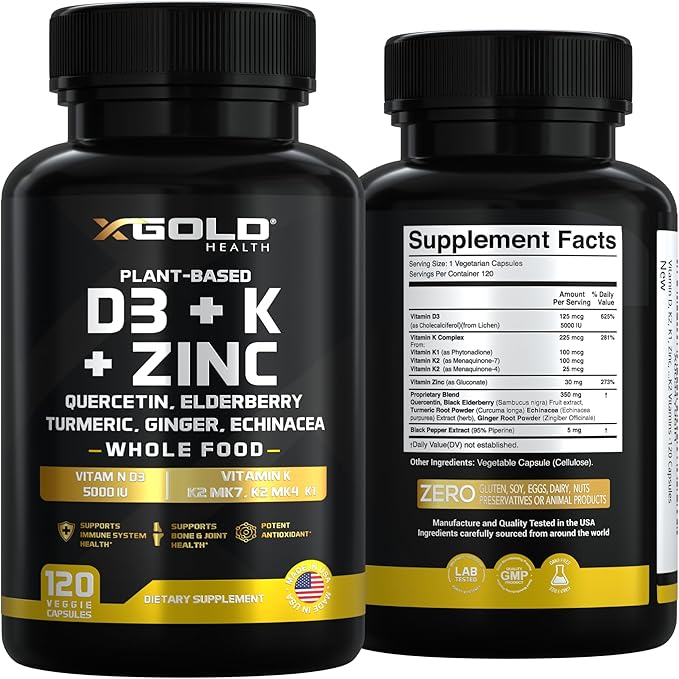 Vitamin D, K2, K1, Zinc, Quercetin, Elderberry, Turmeric, Ginger & Echinacea Whole Food Supplement 8 in 1- D3 5000 IU Plant-Based from Lichen, Vitamin K (K2 MK7, MK4, K1), D3 K2 Vitamins -120 Capsules