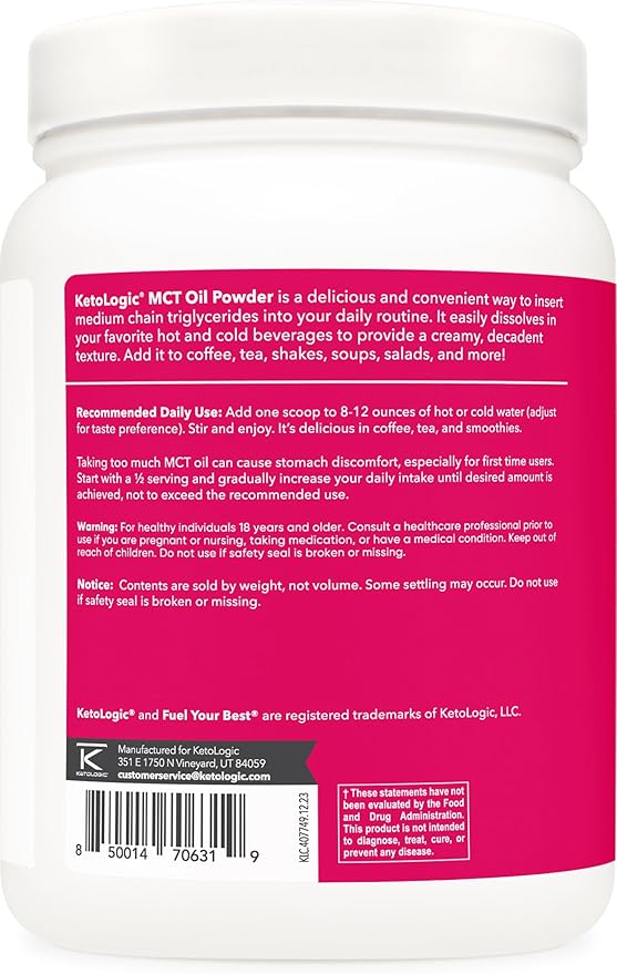 Ketologic MCT Oil Powder Unflavored (1 LB) – Keto Coffee Creamer & Energy Support – 41 Servings of Medium Chain Triglycerides for Focus & Fuel