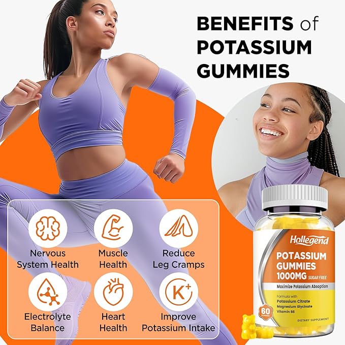 Potassium Gummies 1000mg, Maximize Potassium Absoption Blend with Vitamin B6 Magnesium, Potassium Citrate Supplement for Adults, Sugar Free, 60 Count