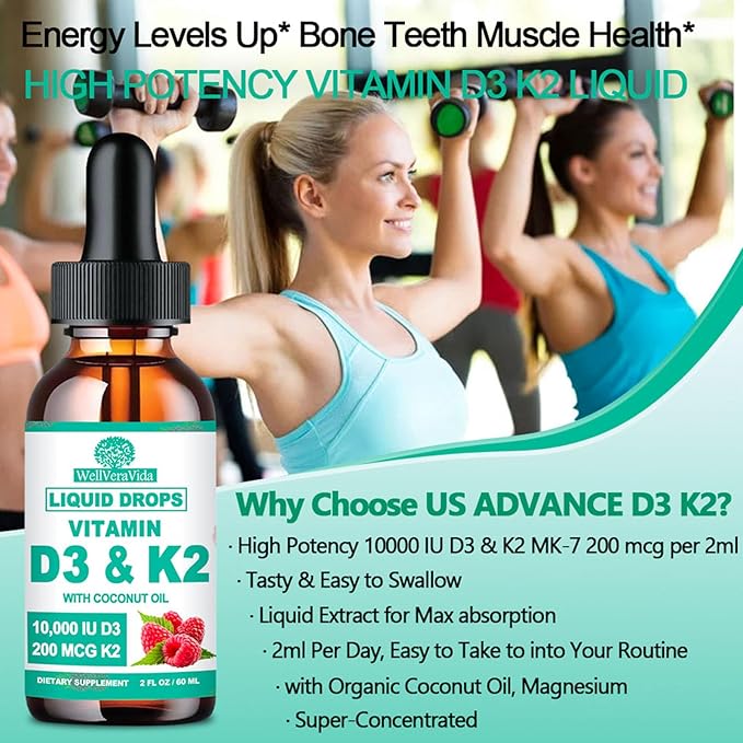 2 Pack D3 K2 Vitamin 10000iu, Liquid Drop Vitamin D3 With K2 (MK-7)200mcg Coconut Oil, 6X Stronger Than D3 K2 Sofegels, Magnesium Zinc for Absorption -K2 D3 Supplement for Joint Teeth & Bone Health
