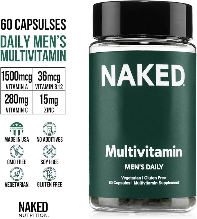 NAKED Men’s Multi – Daily Multivitamin for Men – A, C, E, Selenium, Zinc, Fruit and Super Green Extracts and More to Boost Immune Support – Gluten-Free and Vegetarian Daily Vitamins – 60 Capsules